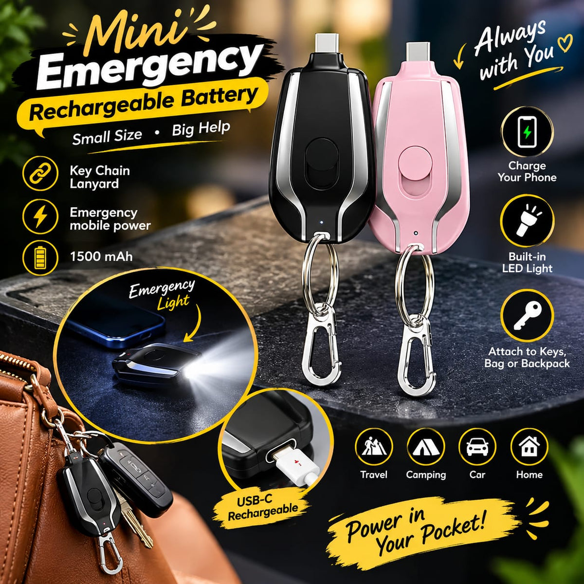Keychain Power Bank Black Portable USB Charging