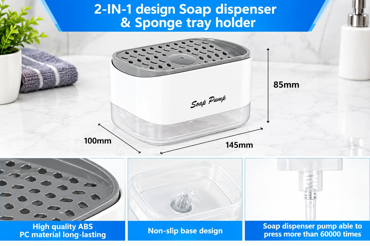 2-in-1 Soap Dispenser & Sponge Holder White Transparent