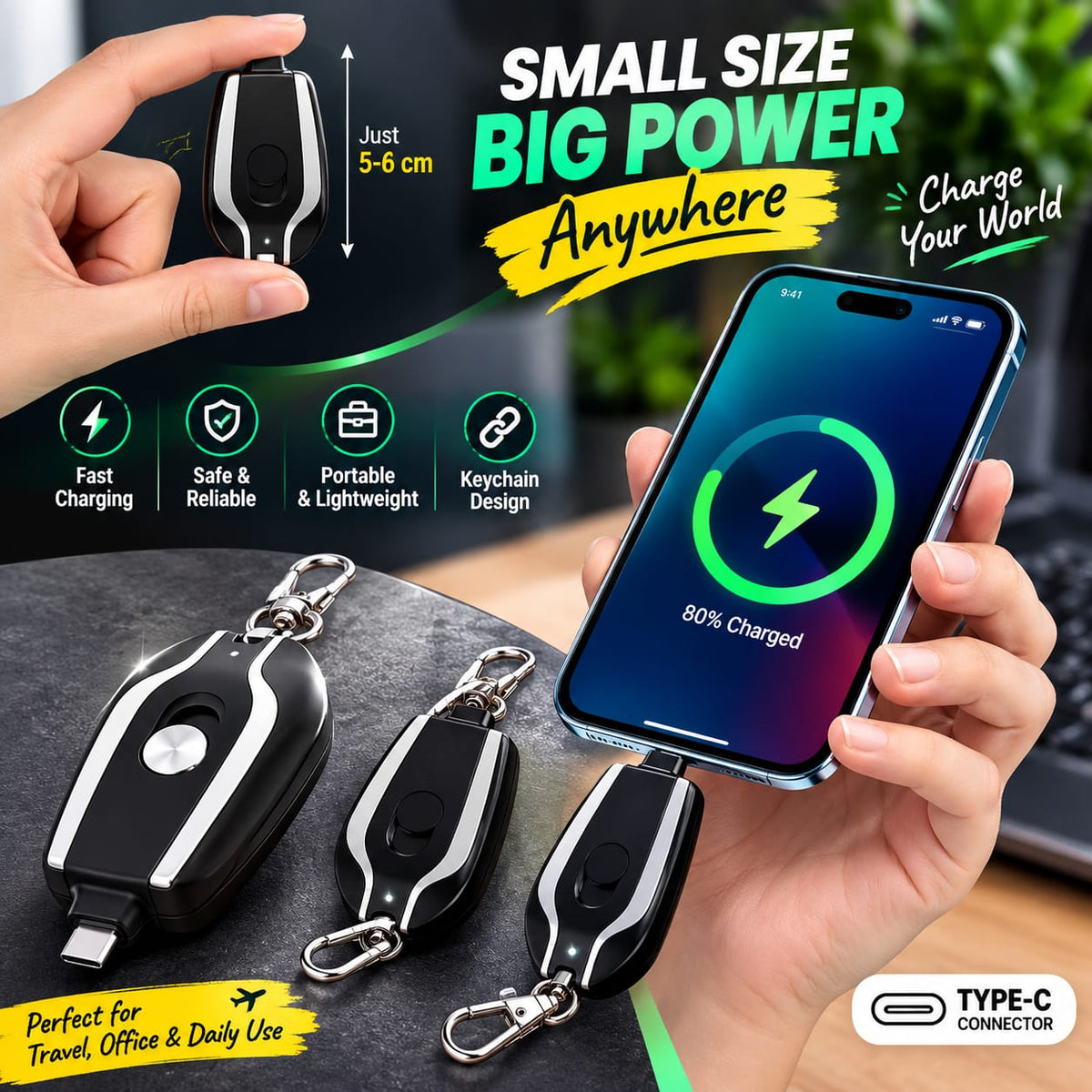 Keychain Power Bank Black Portable USB Charging