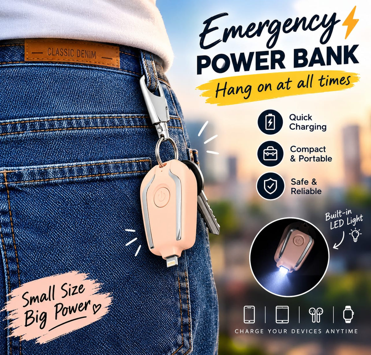 Keychain Power Bank Black Portable USB Charging