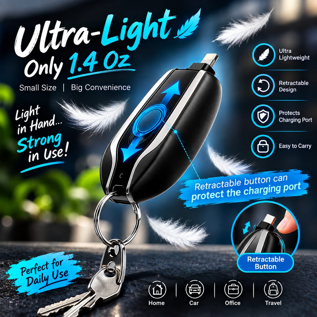 Keychain Power Bank Black Portable USB Charging