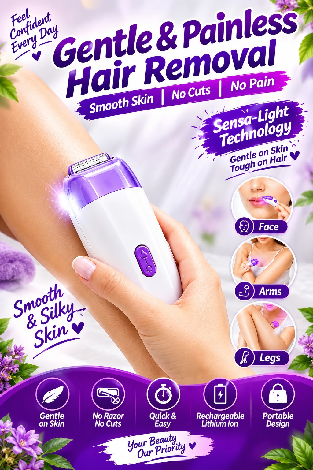 Rechargeable Electric Hair Remover for Women – Pain Free Facial & Body Hair Removal Device with Sensa-Light Technology.