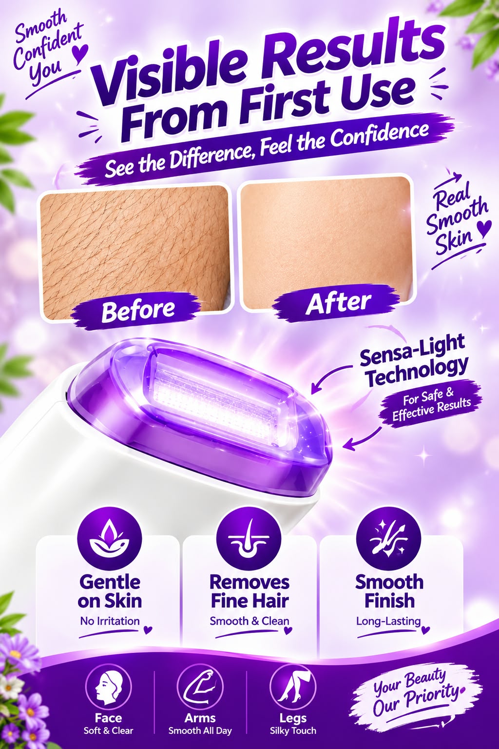 Rechargeable Electric Hair Remover for Women – Pain Free Facial & Body Hair Removal Device with Sensa-Light Technology.