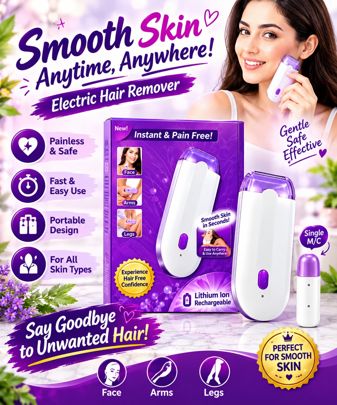 Rechargeable Electric Hair Remover for Women – Pain Free Facial & Body Hair Removal Device with Sensa-Light Technology.