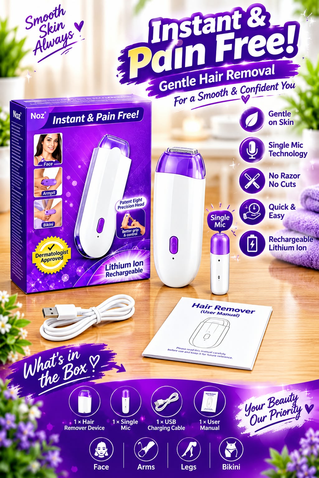 Rechargeable Electric Hair Remover for Women – Pain Free Facial & Body Hair Removal Device with Sensa-Light Technology.